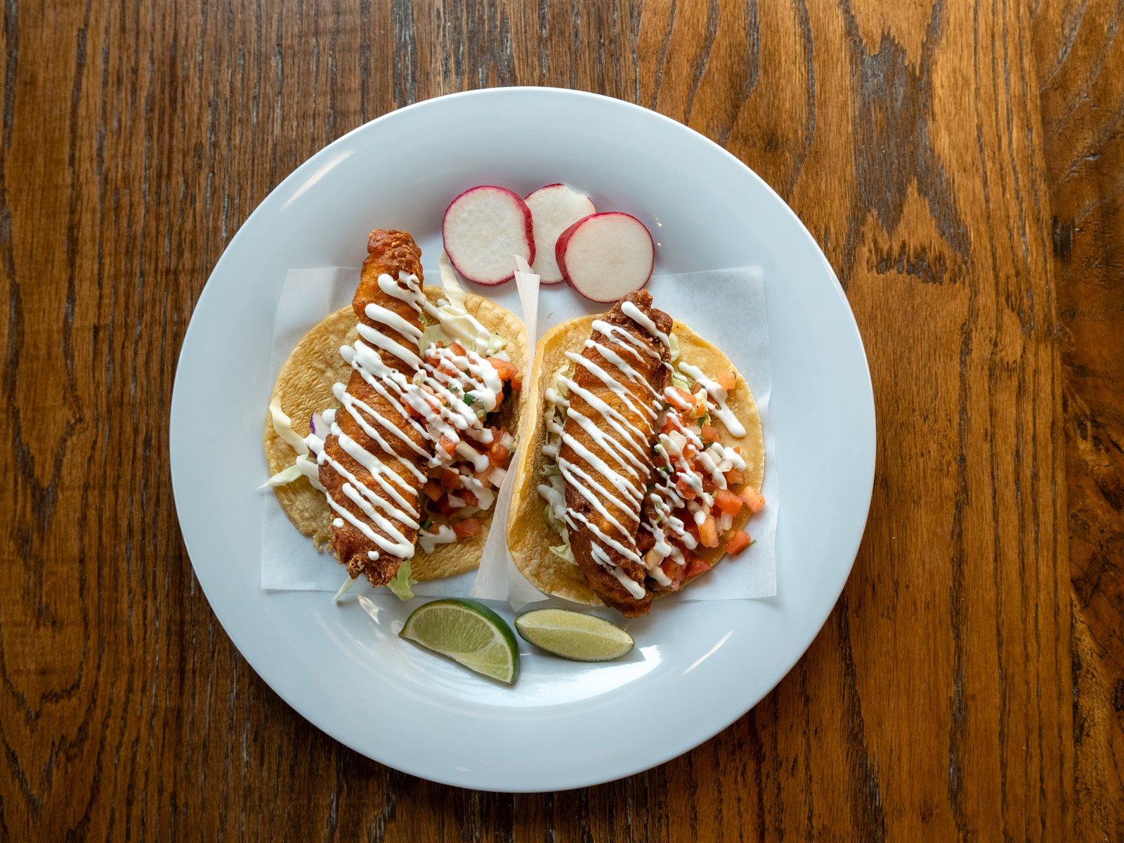 Baja fish tacos with crema and pico